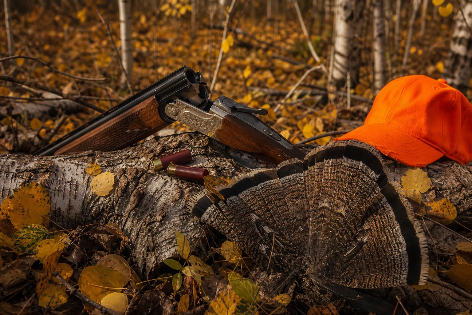 An over/under shotgun broken open on a birch log beside a fanned ruffed grouse tail and a blaze orange hat