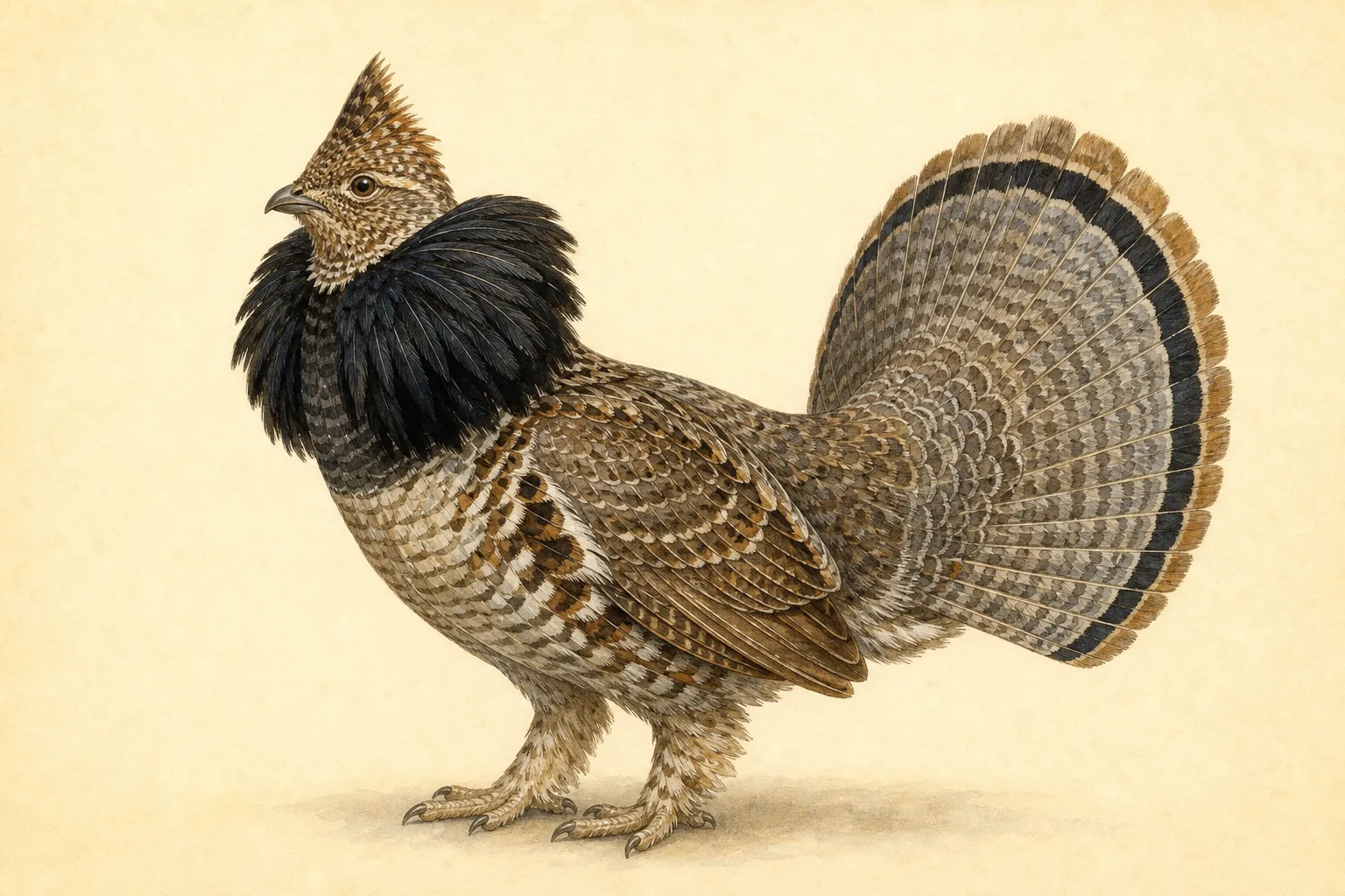 Field guide illustration of a Ruffed Grouse showing its key identification features