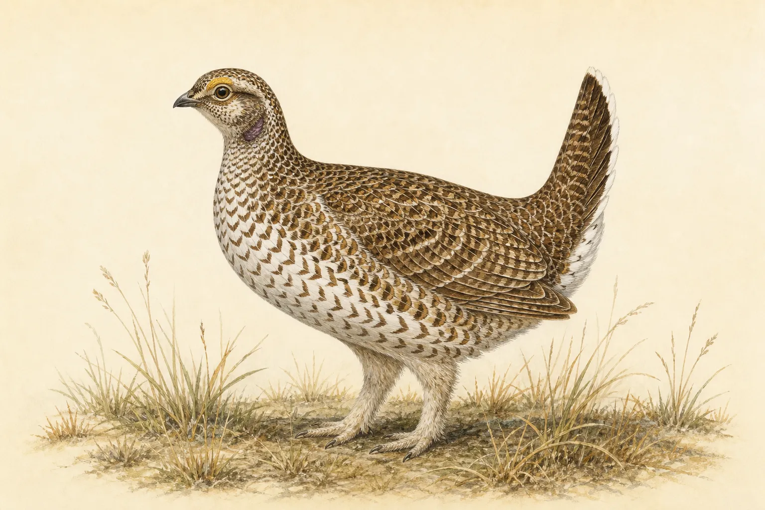 Field guide illustration of a Sharp-tailed Grouse showing its key identification features